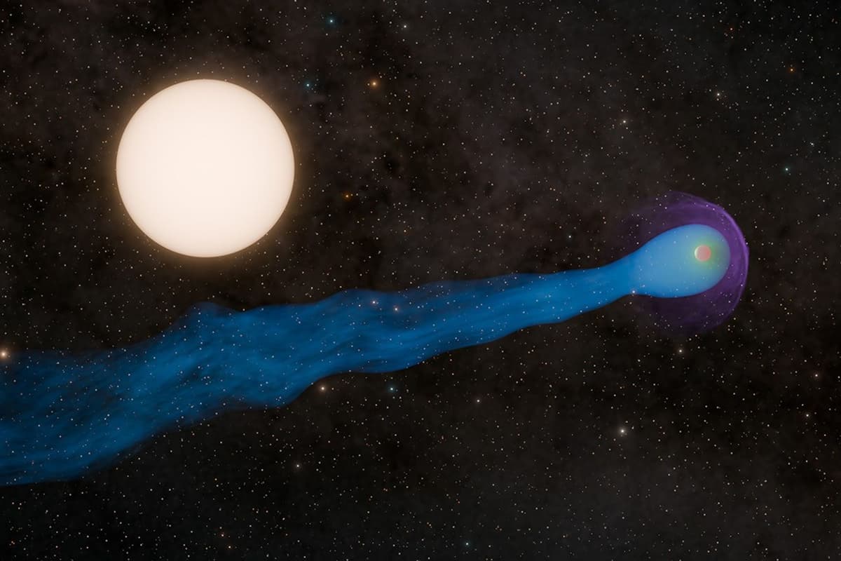 An artist's impression of gas giant exoplanet WASP-69b, complete with its comet-like tail