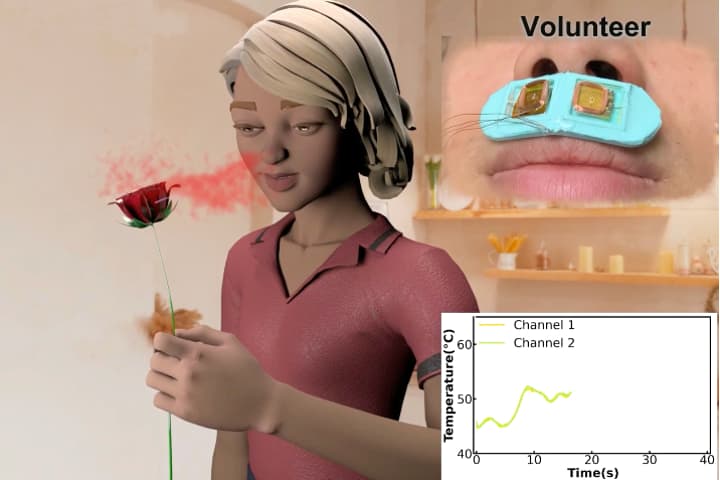 An onscreen avatar smells a rose, while two odor generators (inset) produce the scent for the user