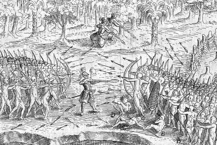 The only known portrait of Samuel de Champlain, shows him firing an Arquebus during a battle with the Iriquois on 30 June 1609 on the banks of what would later become Lake Champlain. Champlain and two French soldiers were with a war party of around 60 Montganais, Algonkaian, and Hurons when they faced around 200 Mohawks. This was the first time the firepower of the new French firearms was used in a native conflict and three skilled Arquebusiers quickly demoralised the Mohawks who fled the field. The Arquebus used a matchlock firing mechanism for simpler, quicker reloading and firing - it was the first firearm with a trigger. This translation of de Champlain's work has all the details.