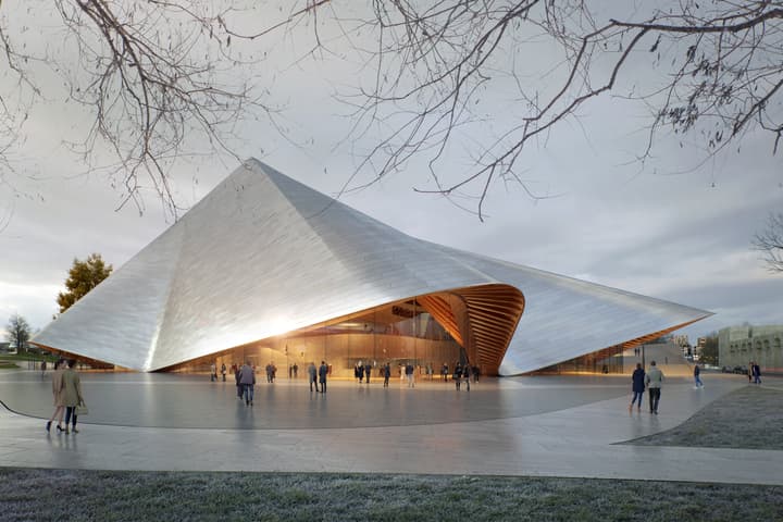 The Opera and Ballet Theatre of Kosovo will be defined by a plunging roof which references a traditional local skirt