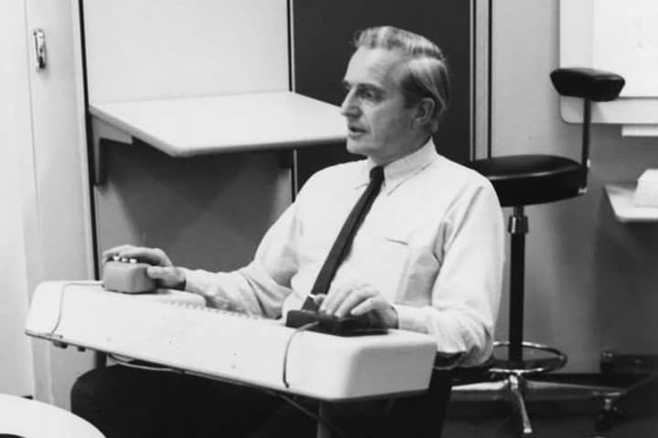 Douglas Engelbart demonstrates the computer mouse for the first time on 9 December, 1968. In his left hand is a coding keyset. The Engelbart/SRI concept helped change the world and one of the original first production prototypes looks set to recalibrate auction records on 10 September 2024