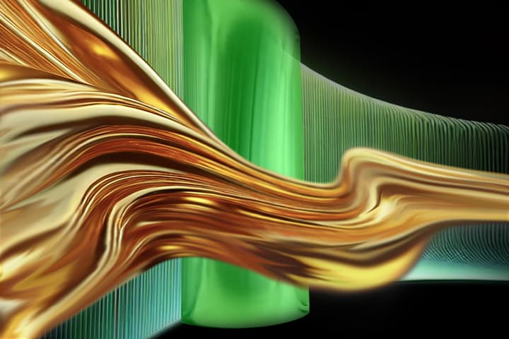 An artist's impression of atoms (gold) flowing friction-free along an edge of laser light (green)