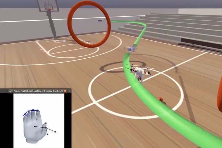 This screenshot shows the virtual drone's path (green) as it's piloted through the virtual obstacle course via thoughts of finger movements (inset)