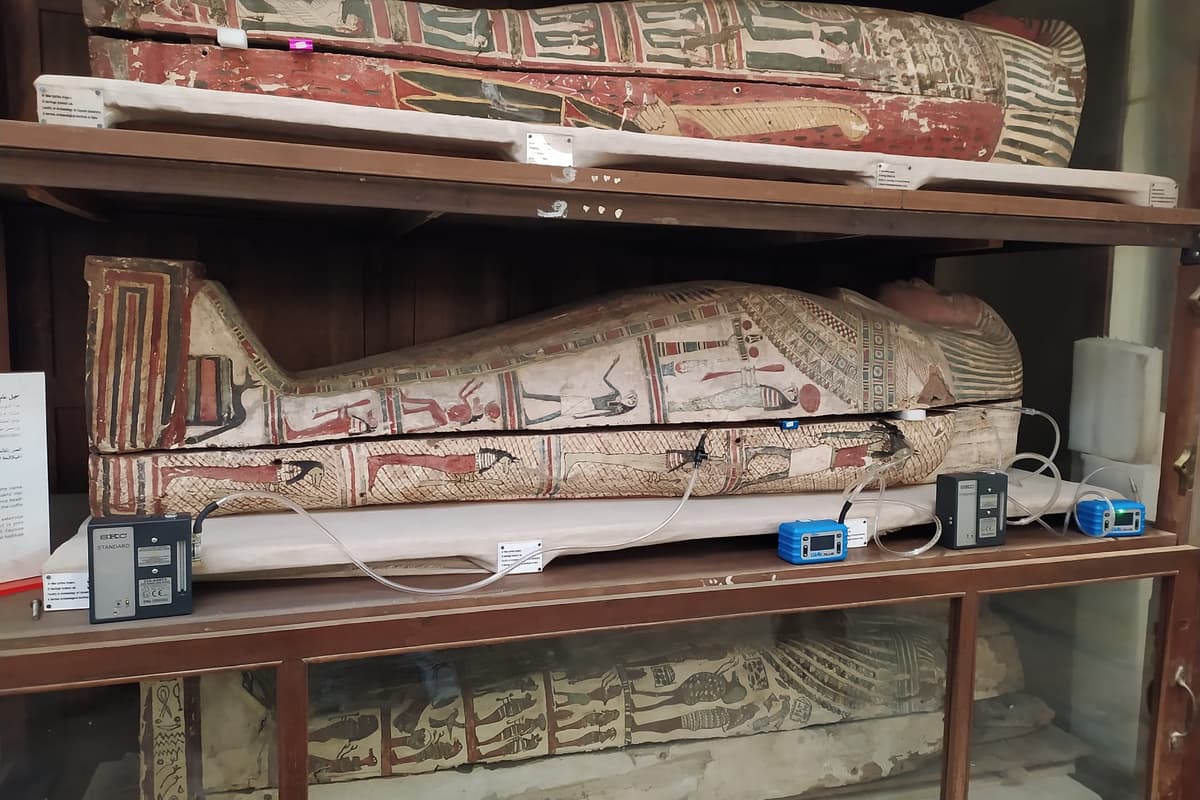 Air samples are collected from three sarcophagi in storage at the Egyptian Museum in Cairo