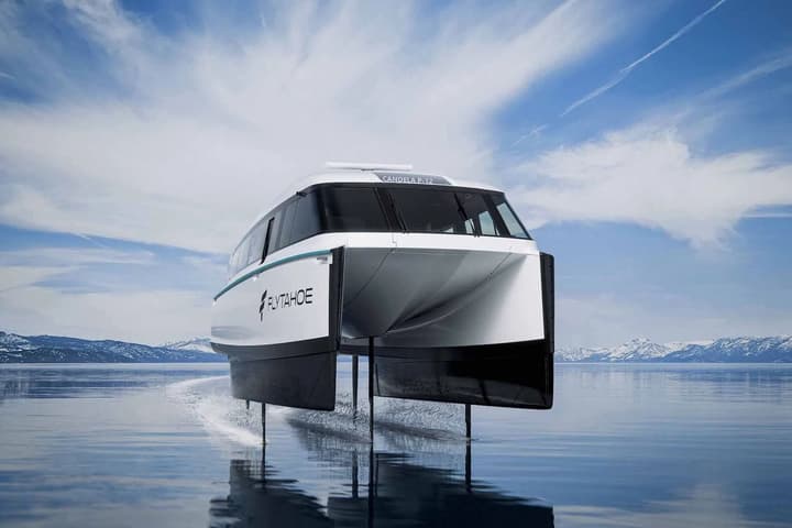 The Candela P-12 foiling electric ferry will help "Lake Tahoe skiers will reach the slopes faster"