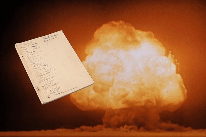 The Manhattan_Project document is dated 1 July 1945 and entitled "Atomic Bombs: A General Account of the Development of Methods of Using Atomic Energy for Military Purposes Under the Auspices of the United States Government, 1940-1945." It is signed by all the key scientists including J. Robert Oppenheimer and Nobel Prize winners Enrico Fermi, Ernest Lawrence, James Chadwick, Harold Urey, and Isidor I. Rabi.