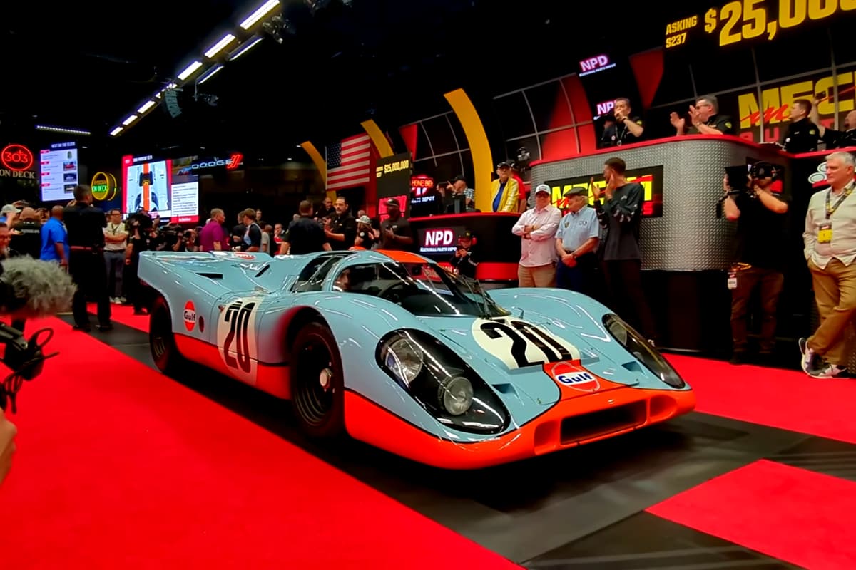 The $25,000,000 can be seen in the top corner - the most ever bid on a Porsche - but the car did not meet the undisclosed reserve price and was passed in ... "the bid goes on" in Mecum parlance