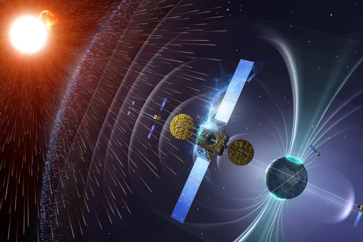 Illustration of cosmic rays striking Earth's magnetic field