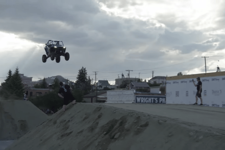 Tanner Godfrey in flight in a Polaris RZR UTV