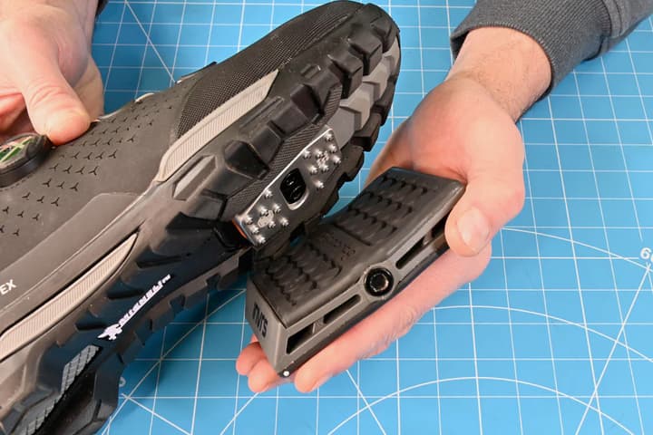 The rubber-topped iNVRS Pedals work with studs that are installed on the soles of the user's shoes, or with pre-studded SPD-type cleats (pictured)