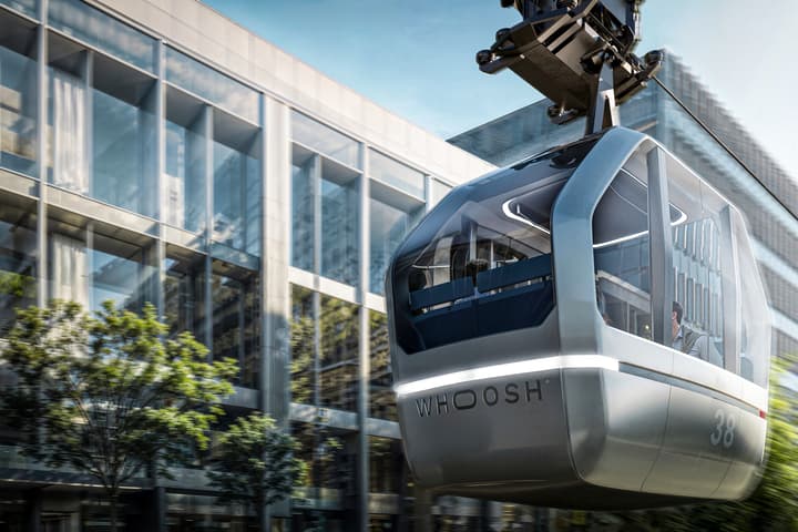 Whoosh's autonomous electric vehicles aren't your grandad's gondolas – they transition seamlessly between solid rails and tensioned cables, and can navigate themselves from any point in the network to any other without stopping